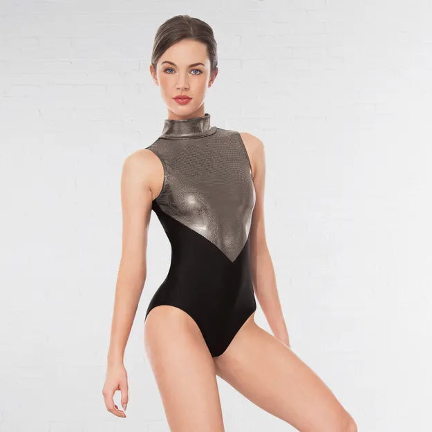 1st Position Lynn Two Tone Hologram High Neck Keyhole Leotard