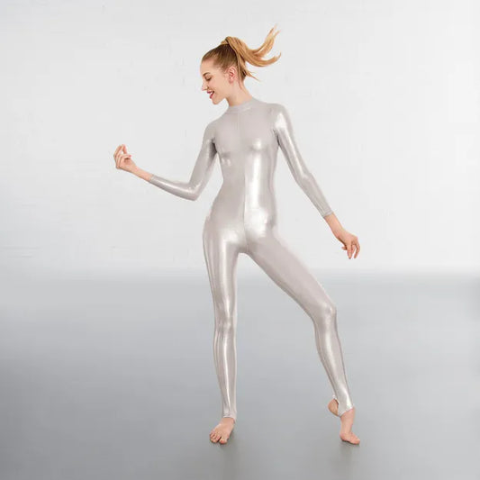 1st Position Toni Silver Long Sleeved Foil Catsuit